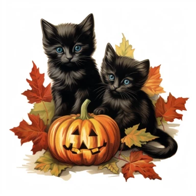 autumn themed black kittens, vintage clip art