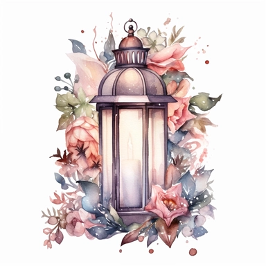 A watercolor clipart showcasing a lantern filled with twinkling fairy lights, surrounded by floral elements, evoking a magical and ethereal cottagecore ambiance , minimalist ,isolated white background,8k