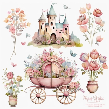 watercolor, pastel, cute, adorable, flowers, carriage, castle, clipart vector collection, no outline, full body on white background, high resolution