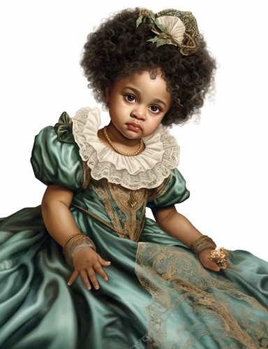 gorgeous african american baby girl with green eyes in vintage victorian dress, clipart, Composition: Relaxed position with intricate high hairstyle, Style: gothic, white background, hyperrealism, 32k