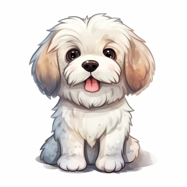 single isolated asset, cute beautiful Havanese puppy action pose, front view, chibi style, watercolor, professional vector clipart, white background