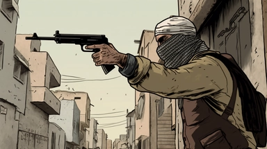 very close view sideview of a masked beared man wears palestinian kufiya raising his pistol and opens fire in an old poor street +sideview +dark color tones+ vintage drawing style ,clipart drawing, clipart image, high definition drawing, clean colors, balanced colors, detailed drawing, image ratio 16:9 , aspects : high 1920 + width 1080