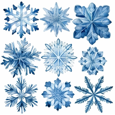 different blue snowflakes watercolour clipart, white background