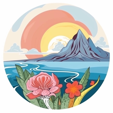 Sticker, clipart, bright colors, Brush painted volcano with tulip flower inside and coastline beneath ,contour, vector, white background, white outline, circle frame.