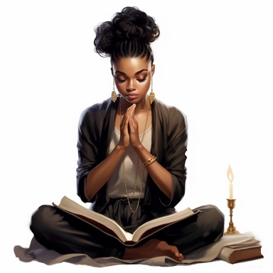 A beautiful black woman fashionista with praying on her knees with the bible next to her, no candles in the background, Hair in a french roll hairstyle, feminine, chic, elegant, posing, with a macro lens, clip art seed