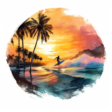 Surf's Up Paradise: A vibrant watercolor clipart capturing the essence of the surfing lifestyle, featuring a surfer riding a wave against a backdrop of palm trees and a golden sunset, radiating the thrill and beauty of riding the perfect wave. (No background)