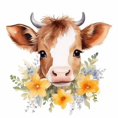Cute watercolor whole baby cow clipart with flower, nursery art style, white background