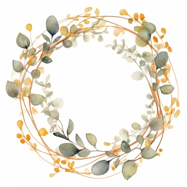 cirlce of golden vines, eucalyptus leaves on the half the vines, wreath, not a lot of leaves, watercolour clipart