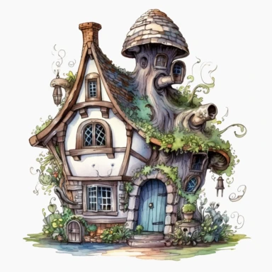 one fairy house clipart on a white background, in the style of hyperrealistic fantasy, intricate art nouveau, international gothic, highly detailed realism, atmospheric watercolors, fantasy characters, dark white and light bronze , no watermark, text, 300 DPI , typography, shapes do not stick together, no text in the picture, on a white background