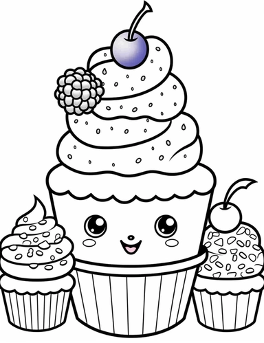 Kawaii Cake Icecream with delightful designs and flavors, like blueberry, chocolate chip, and banana For Simple Coloring page,line art, thick lines, black and white,clipart, illustration, on white background,margin Page 10px