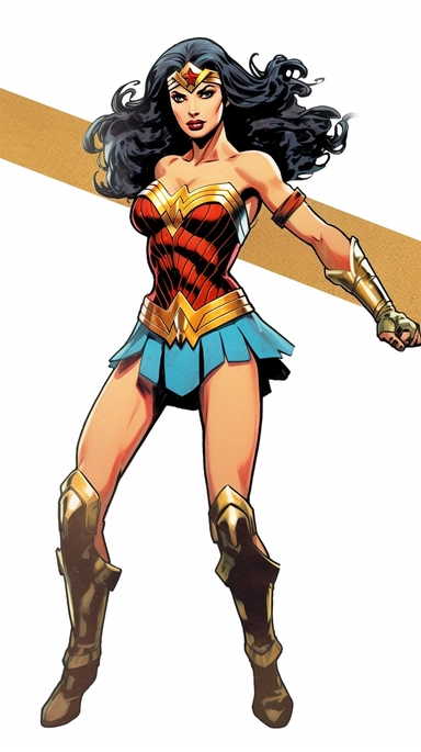 Wonder Woman holding a sword and jumping on a tank, full body, comic book style of 1984, clipart art, Jack Kirby style