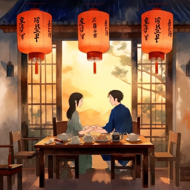Vision, a 2D Chinese style restaurant, two people, clipart, food, comfortable, luminous, dramatic lighting, super detailed, 2D, daytime, studio Ghibli style, watercolor, 8K