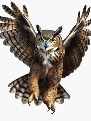 clipart of a full body ultra realistic great horned owl flying. Wings open. Full body image of great horned owl detailing its hyper realism