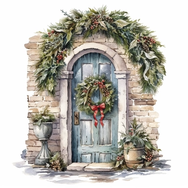 watercolor style, christmas door decorated with a circular christmas wreath, clipart, isolated on white background, 4K