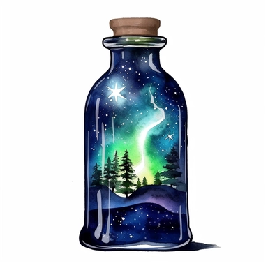 astonishing starry aurora Inside the bottle, bright night sky, 1 cork, watercolor clipart, realistic, detailed, high resolution, vibrant, white background, 8k,
