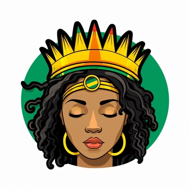 Clipart style, close in the face of a black woman. Her eyes are closed. Her eyelids are colored with the colors of the jamaica flag. She have a golden crown in her black power hair