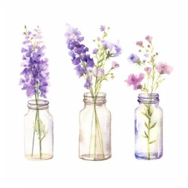 Design a dreamy watercolor clipart of a Violet Floral Flower-filled glass vases or jars hanging from shepherd hooks for an outdoor ceremony composition, with soft and graceful brushstrokes in a delicate color palette in shades of purple, blue, or white. Infuse the artistic style of Serenity Blooms Watercolors for a serene and calming depiction. isolated on a white background, 8k uhd, designed by Ana Victoria Calderon and Holly Exley,