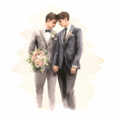 watercolour wedding couple gay, clipart on white background, highly detailed, professional color gradation, clean sharpness