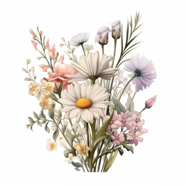 A digital illustration of a wild flower pastel clipart, featuring a soft and delicate depiction of various wildflowers in a pastel color palette. The clipart showcases an assortment of charming wildflowers, such as daisies, lavender, and tulips, rendered with gentle brushstrokes and muted tones. The pastel colors evoke a sense of serenity and tranquility, creating a dreamy and ethereal atmosphere. Against a clean white background, the wild flower pastel clipart stands out with its soft and roman