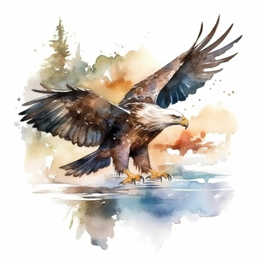 Eagle Flying with holding Fish over a lake , watercolor Clipart,Isolated