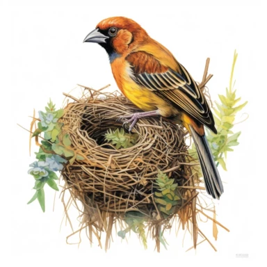 Sociable weaver, constructing an intricate nest with twigs and grass, vibrant colors, clipart, on a white background.