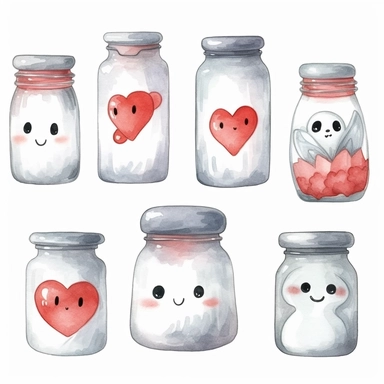 Collection of little flying baby ghost face, transparent glass jar and red love heart. Hand drawn watercolour graphic drawing on white, cutout clip art elements for print, invitations, banners, cards