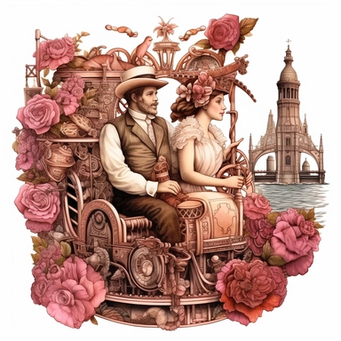 Two steampunk lovers enjoying a romantic gondola ride along a mechanized canal, with steam-powered gears propelling the boat, and clockwork swans swimming alongside amidst a sea of blooming crimson and blush pink roses. Ultra high quality, intricate detail, retro-futurism, watercolor clipart, white background, hyper realistic