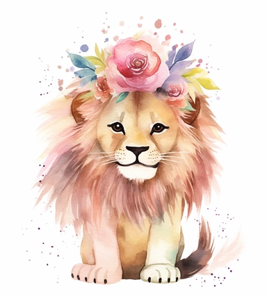 cute lion isolated clipart on white, in the style of whimsical watercolors, colorful costumes, light pink and dark brown, carnivalcore, kushan empire, animated gifs, extravagant table settings