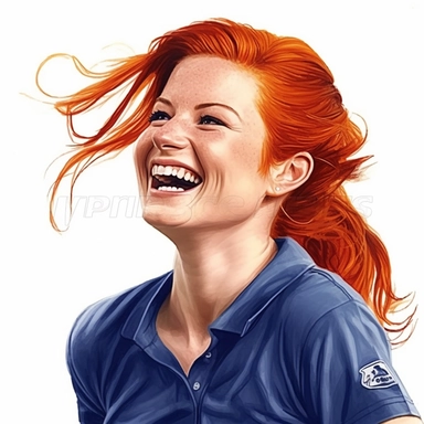 photo-realistic waist level view of beautiful and physically fit Scottish American woman, age 25, wearing a royal blue polo shirt, beautiful red hair, laughing at a very funny joke, waist view on white background for vector clipart