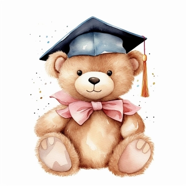 Cute Beautiful Teddy Bear graduate Watercolor Sublimation Clipart ,Cartoon,hyper realistic, intricate detail, illustration style,high solution,on the white background