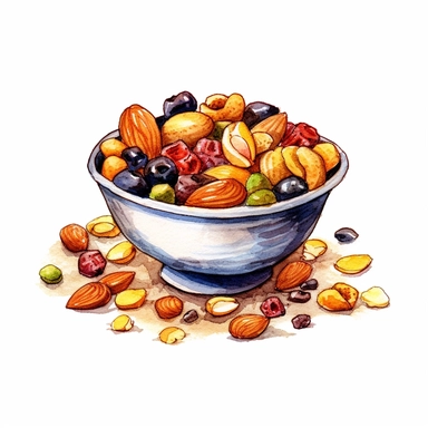 a delightful watercolor, hyper-realistic clipart image with a white background and white margins, showcasing a bowl of mixed nut trail mix with dried fruits and chocolate chips. The ultra-detailed, hand-drawn elements capture the variety of shapes, colors, and textures in the trail mix. Use whimsical touches to add a touch of adventure, and bold shades of various colors to evoke the energy and nourishment found in these portable and delicious snacks