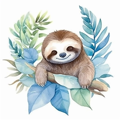 watercolor clipart, white background, charming cute and adorable perfect sloth having fun, perfect for stickers, perfect for print on demand