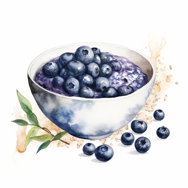 watercolor clipart of bowl with blueberries porridge with oatmeal and milk, presented in a flatlay style with a top-side view on a clean white background. bowl should be filled with a visually appealing arrangement of one ingredient, showcasing their vibrant colors and textures. The watercolor style should bring out the essence of each ingredient while retaining a harmonious overall composition. The clean white background should provide a pristine backdrop, enhancing the visibility and focus on 
