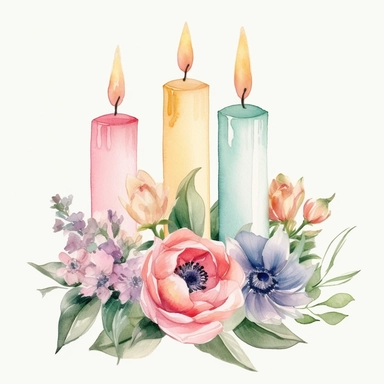 three candles, flower bouquet, pastel colors, watercolor style, white background, clip art