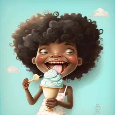 Pixar Illustration of a Happy Black Girl Smiling eating ice cream art,black girlsclipart, Funny black girl holding ice cream sunday , Cheerful african american girl child p clipart, afro ,Full body with legs , Cottage core , preppy , Highly detailed close-up portrait , standing , Nicoletta Ceccoli, Mark Ryden, lostfish, Earl Nor, global lighting, divine rays, detailed and intricate surroundings, sf, intricate artwork masterpiece, ominous, matte painting movie poster, blue ratio, trending on cgso