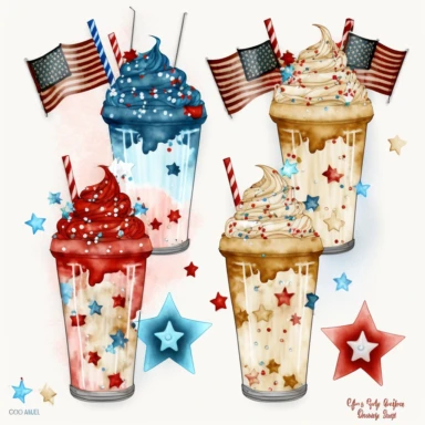4th of july iced coffee clipart 4 different cups sprinkles on whipped cream red white blue flag stars clipart