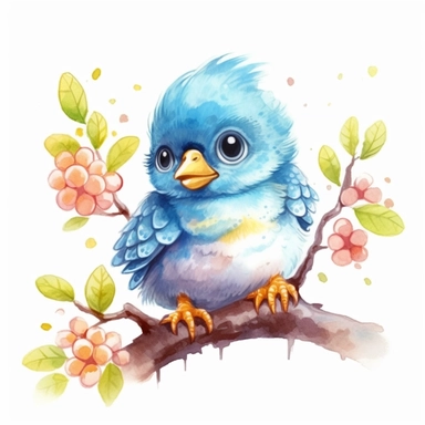 a captivating watercolor clipart image with a white background and white margins, featuring a cute sweet kawaii extremely happy baby blue bird sitting on a tree. The ultra-detailed, hand-drawn elements capture the details. Use vibrant shades of various colors to create a visually appealing image