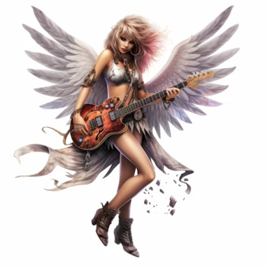a beautiful fairy dressed as a rock n roll rock star, big wings, clipart, full body image, hyper realistic,