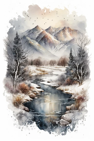 A picturesque early winter mountain landscape with a glistening river meandering through the snow-covered valley, surrounded by barren trees and frosty bushes, with the misty mountain peaks looming in the background, portrayed in a whimsical and dreamy clipart watercolor style, featuring delicate washes and scattered snowflakes, Watercolor-style graphic, executed with fine brushes and layered washes, intricate, realistic