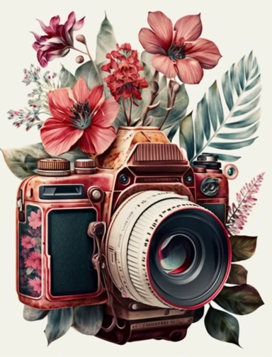 a watercolor vintage camera 1 photo lens only, profil view, surrounded by an intricate arrangement of dramatic extravagant ultra realistic digital 3D giant red burgundy tiare flowers, in the style of large-scale photography, lush detailing, watercolor style, pastel colors, photorealistic, playfully intricate, made of flowers, bloomcore, 8K, clipart, clear background