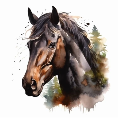 Watercolor Black Horse Face clipart, hyper realistic, detailed, stylised, nature scene, hyper detailed, cozy colors