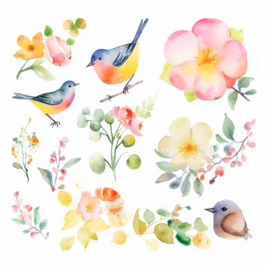 watercolor spring inspired clipart, disney, flowers, sun clipart, birds clipart, rain clouds, clipart, single design, white background