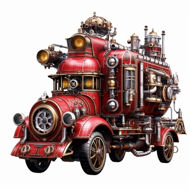 Futuristic red Firetruck, Steampunk style Gears, High detail, metallic colors, isolated on a white background, clipart--s 800