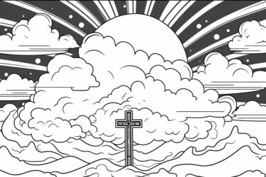 The Christian cross appears brightly in the background of the sky simplified lineart vector outline, clipart, coloring page style, svg cut file