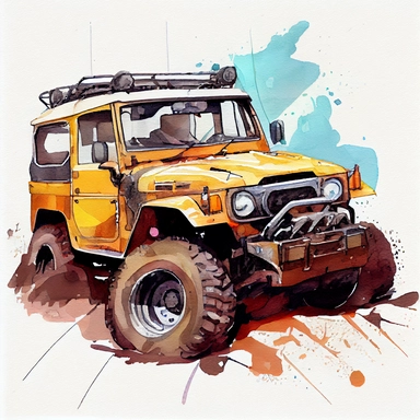 off-road 4x4 vehicle, on a white background, watercolor, Illustration clipart, 4K, extremely detailed