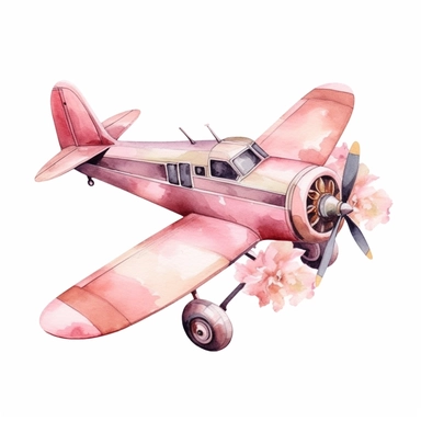 hand drawn , watercolor, hyper realistic, white background, white margins, 16k, ultra detailed clipart, cut out image, hand-drawn, ultra HD, sharp and clean art a vintage airplane with delicate floral , capturing the romantic and feminine aesthetics often associated with vintage fashion and travel. light pink pastel