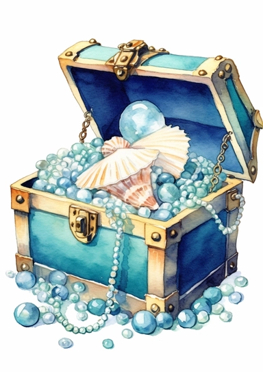 cute watercolor underwater treasure chest full of pearls clipart, full body, hd, on white background, spaced out