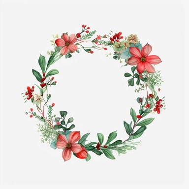 wood circle flower Christmas red green wreath, frame, and border. Greeting card, poster, banner with space for text CUTE STICKER Frealistic cartoon in 32K UHD cute. 15 cm thick outline. Black color. There was no shadow on the ground. 8k with realistic watercolors and detailed illustrations. PNG clipart, transparent white background