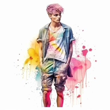 idyllic young man multicolor hair, fashion model, looking in the camera, eye contact, full body, fairytale dreamlike, clipart with watercolor splash background, with transparent background, hyper realistic, professional photography, super detailed