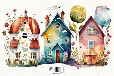 Cute and whimsical farm houses, colorful, Watercolored illustration in the style of Michael Powell, clipart, white background